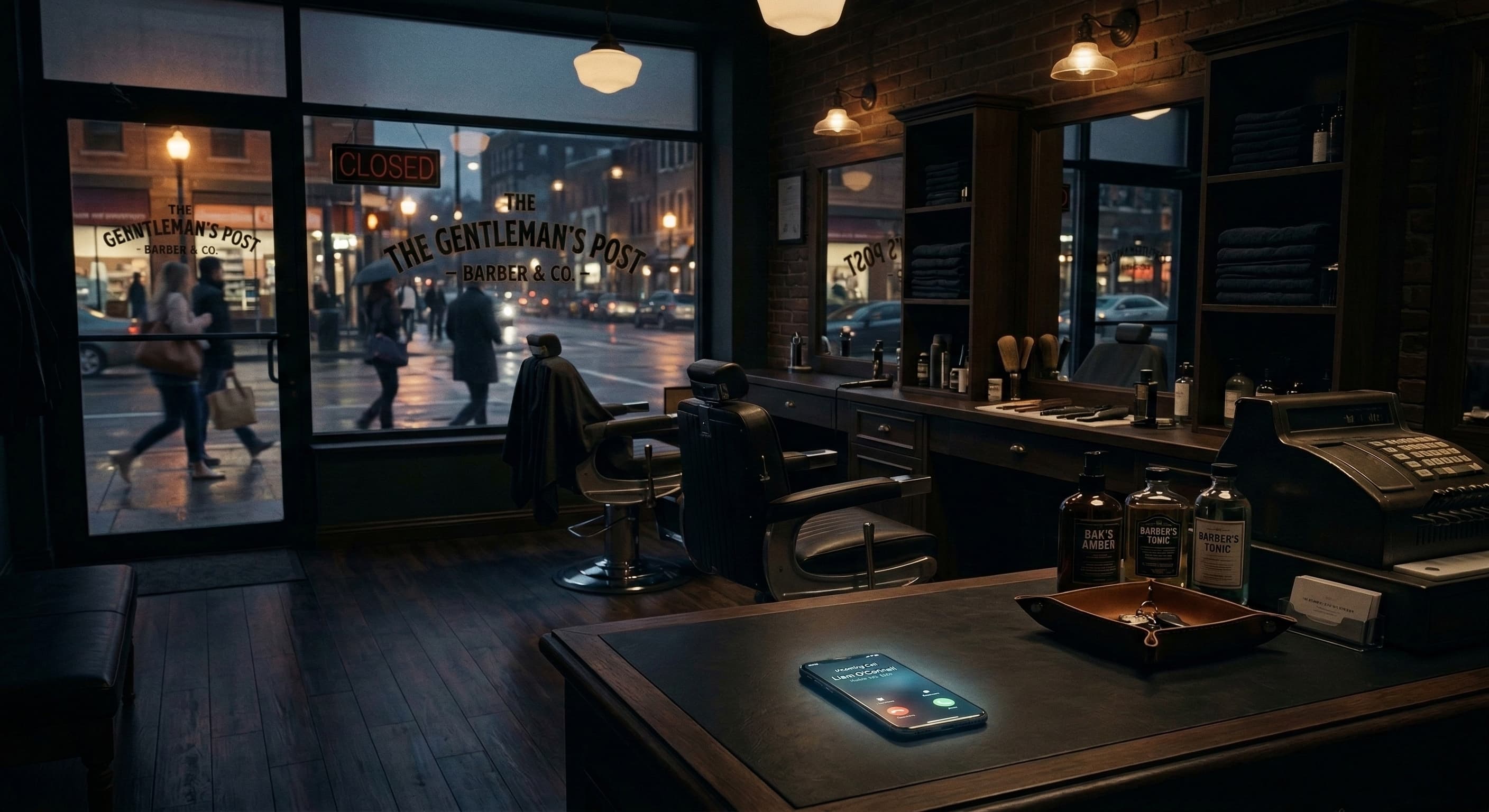Empty barbershop at night with missed calls on phone